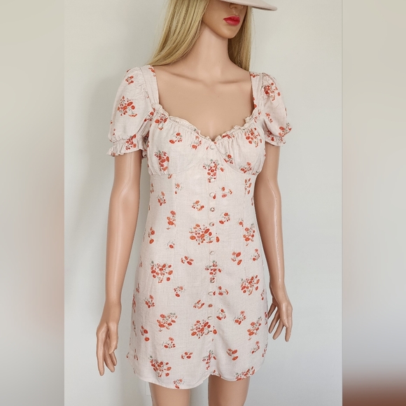 BARDOT FLORAL BEIGE SMOCKED COTTON CAP SLEEVES MINI SHORT SEXY DRESS 6 SMALL - Picture 1 of 14